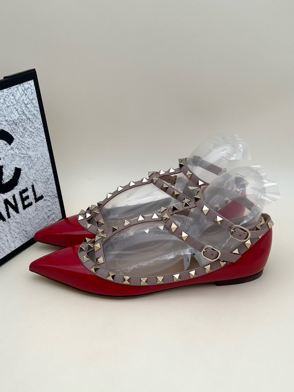 Valentino Red Patent Pointed Rockstud Flats with Nude Studded Straps